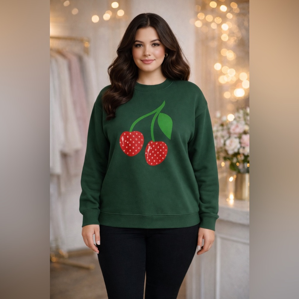Mighty Fine Green with Red Cherry Graphic Crewneck Sweatshirt 3X